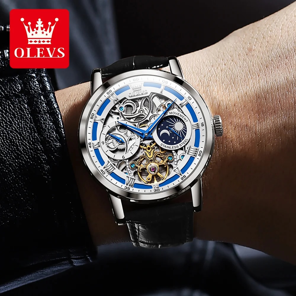 OLEVS Men Moon Phase Skeleton Mechanical Watch